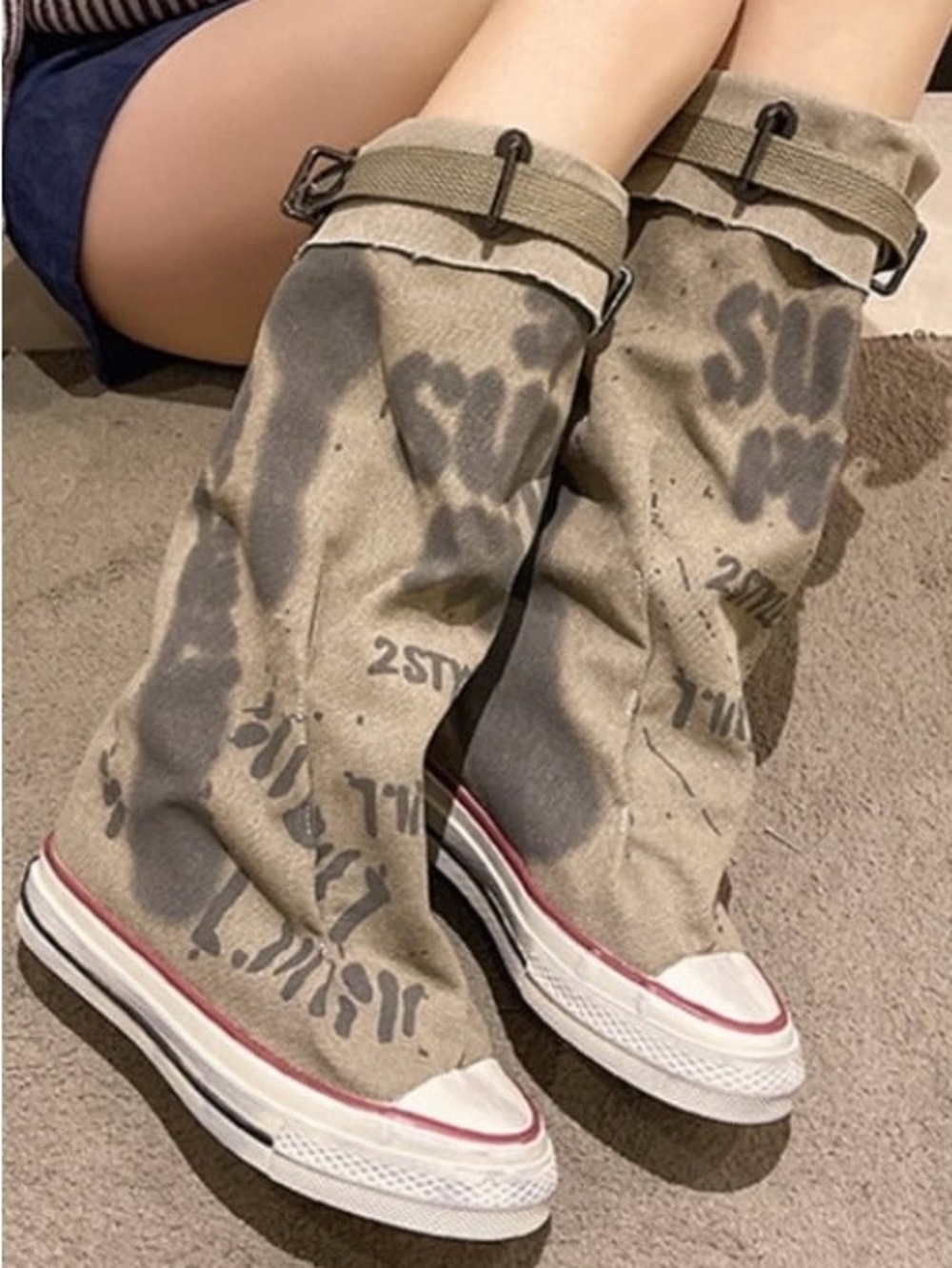BRAND NEW (w/out tags) Canvas Sneaker Boots in Khaki with Black Print Size